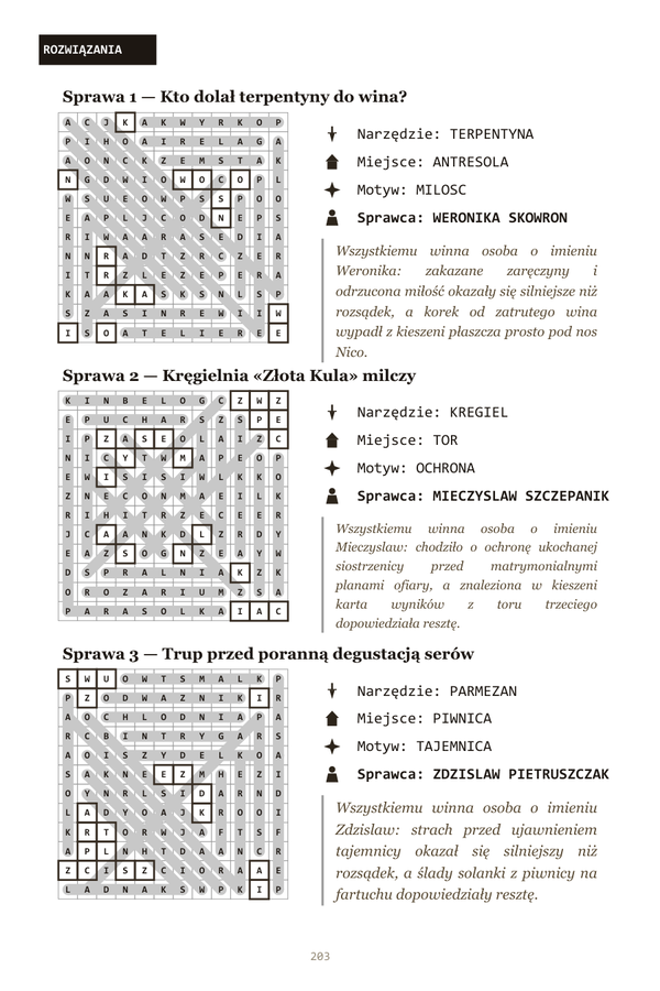 Wnętrze wykreślanki z rozwiązaniami — strona z rozwiązanym diagramem i zdemaskowanym sprawcą